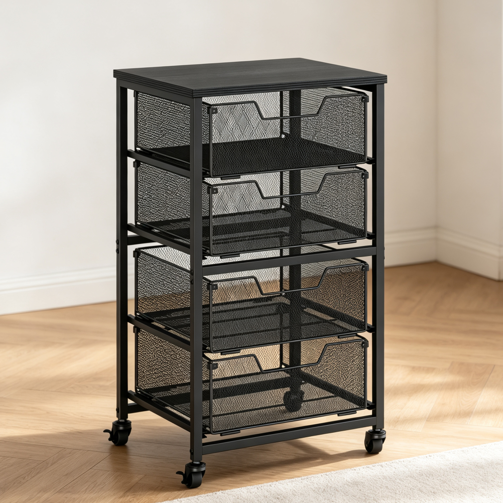 4-Drawer Rolling Cart on Wheels with Wooden Top